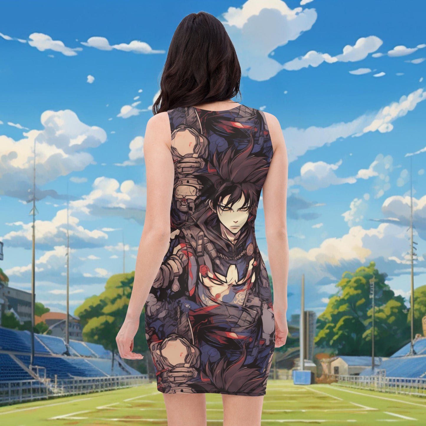 Blue Gray Anime Fitted Dress