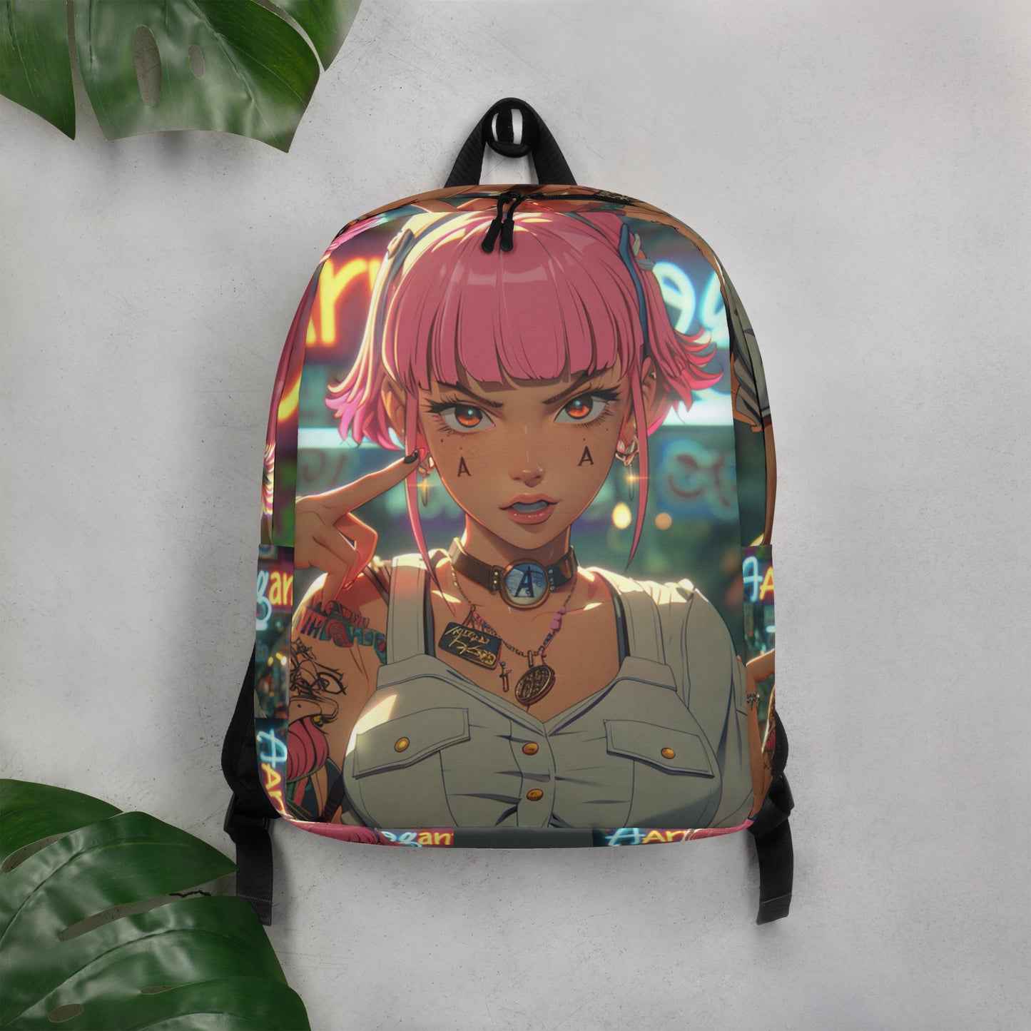 Cyberpunk Anime of a Pretty School Girl With Tattoo Backpack