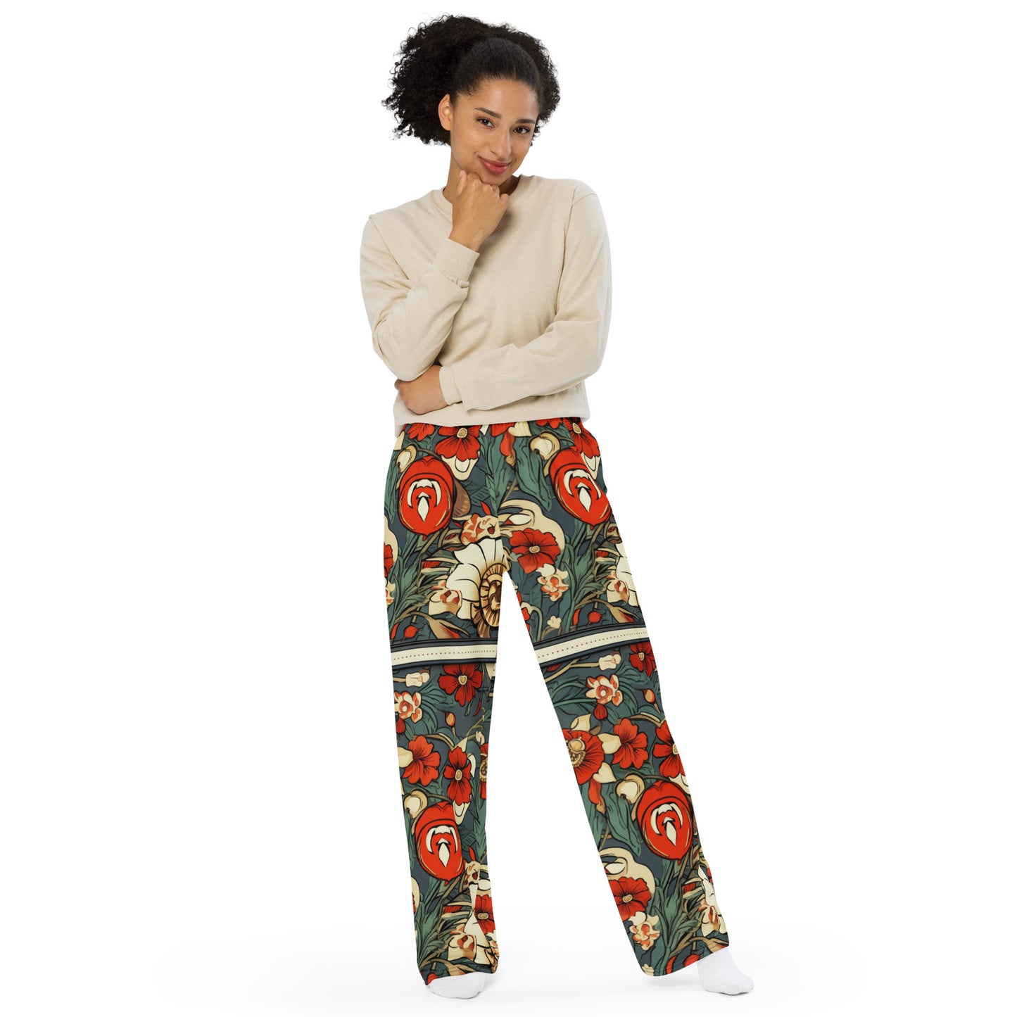 Red Flower Wide-Leg Pants