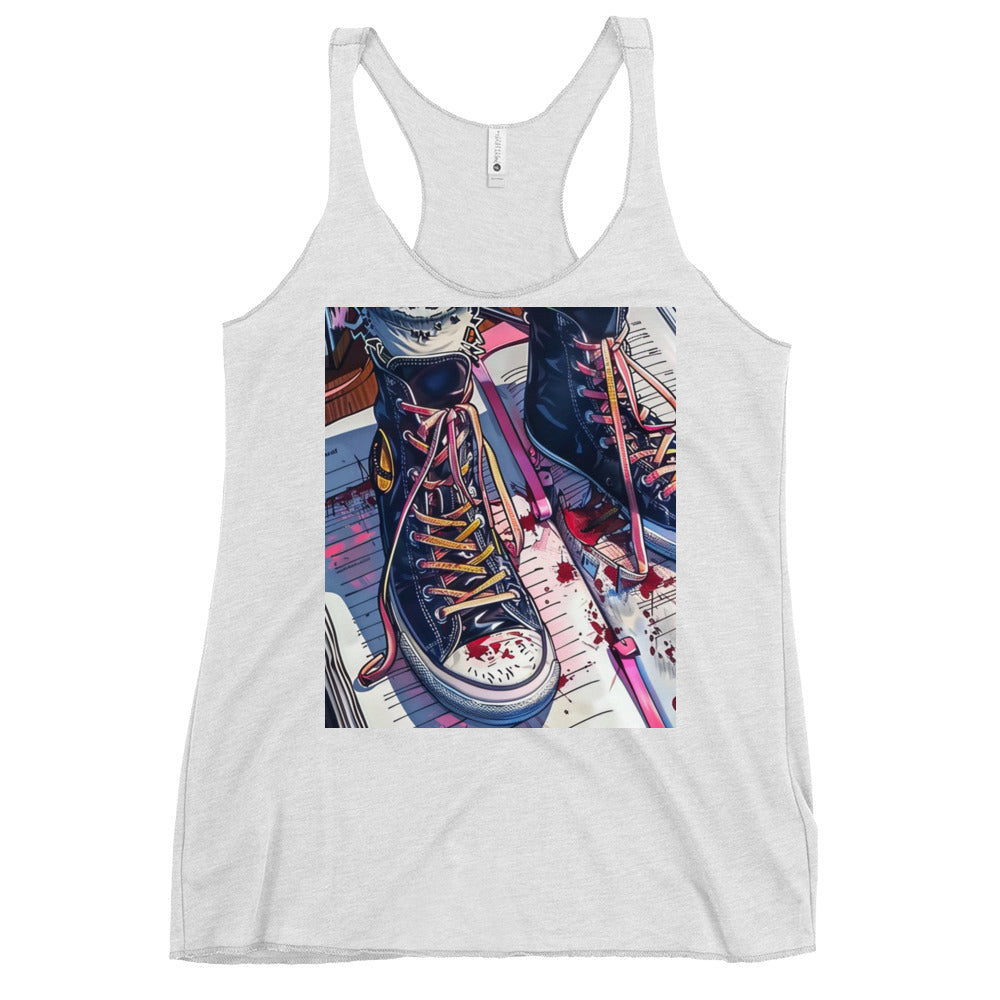 Sneaker Stomping on Diary Pages Women's Racerback Tank